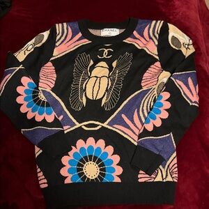 CHANEL Black Sweater with Vibrant Beetle and Floral Motif EUC